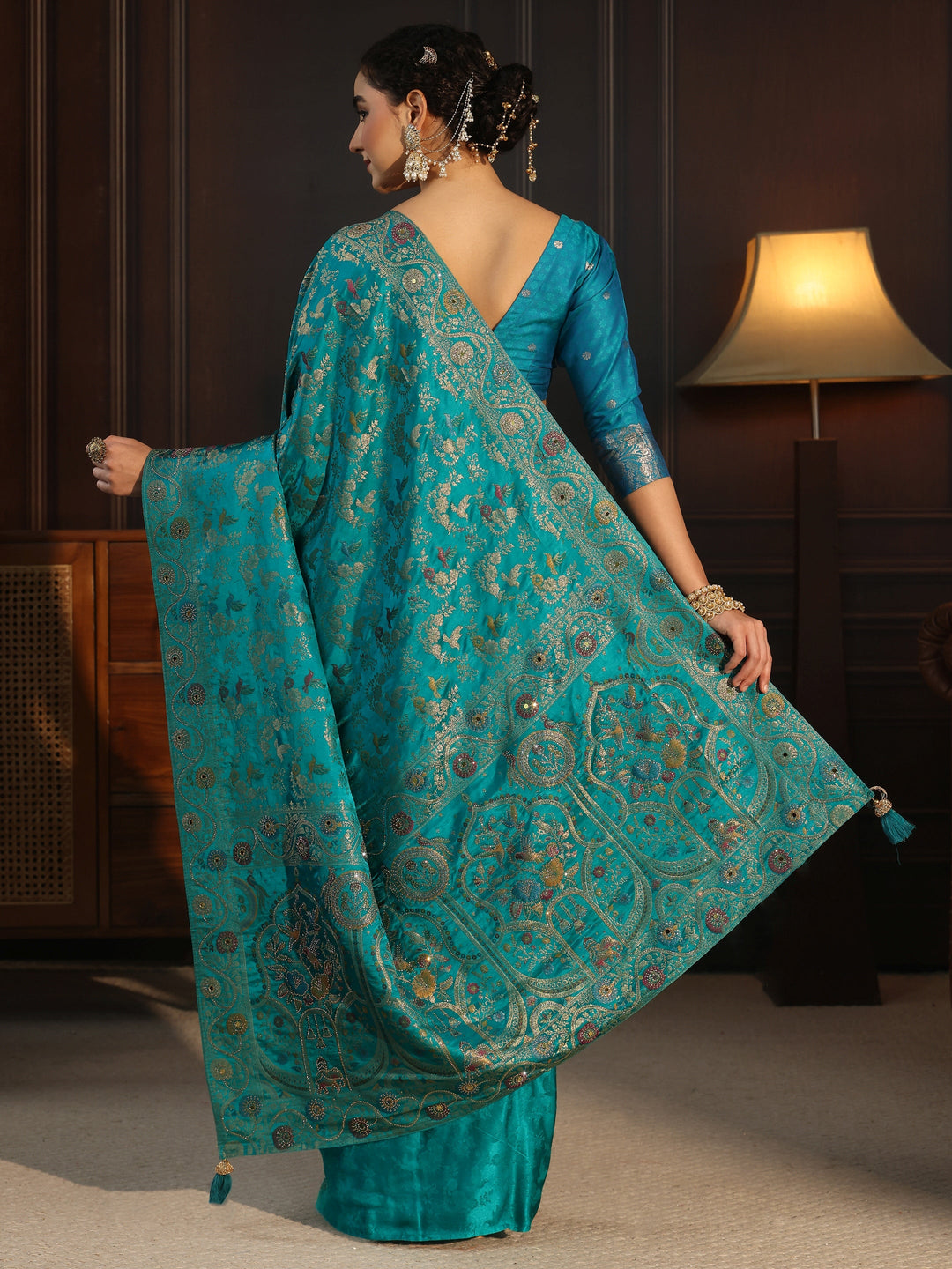  Libas Art Turquoise Blue Floral Woven Design Satin Saree 
