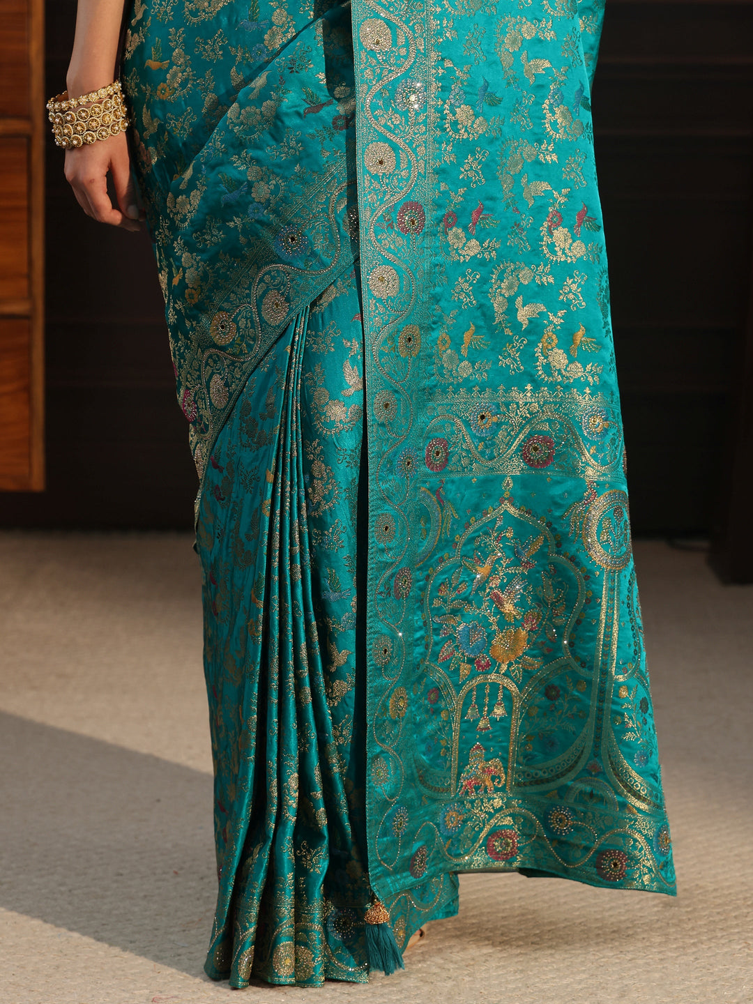  Libas Art Turquoise Blue Floral Woven Design Satin Saree 