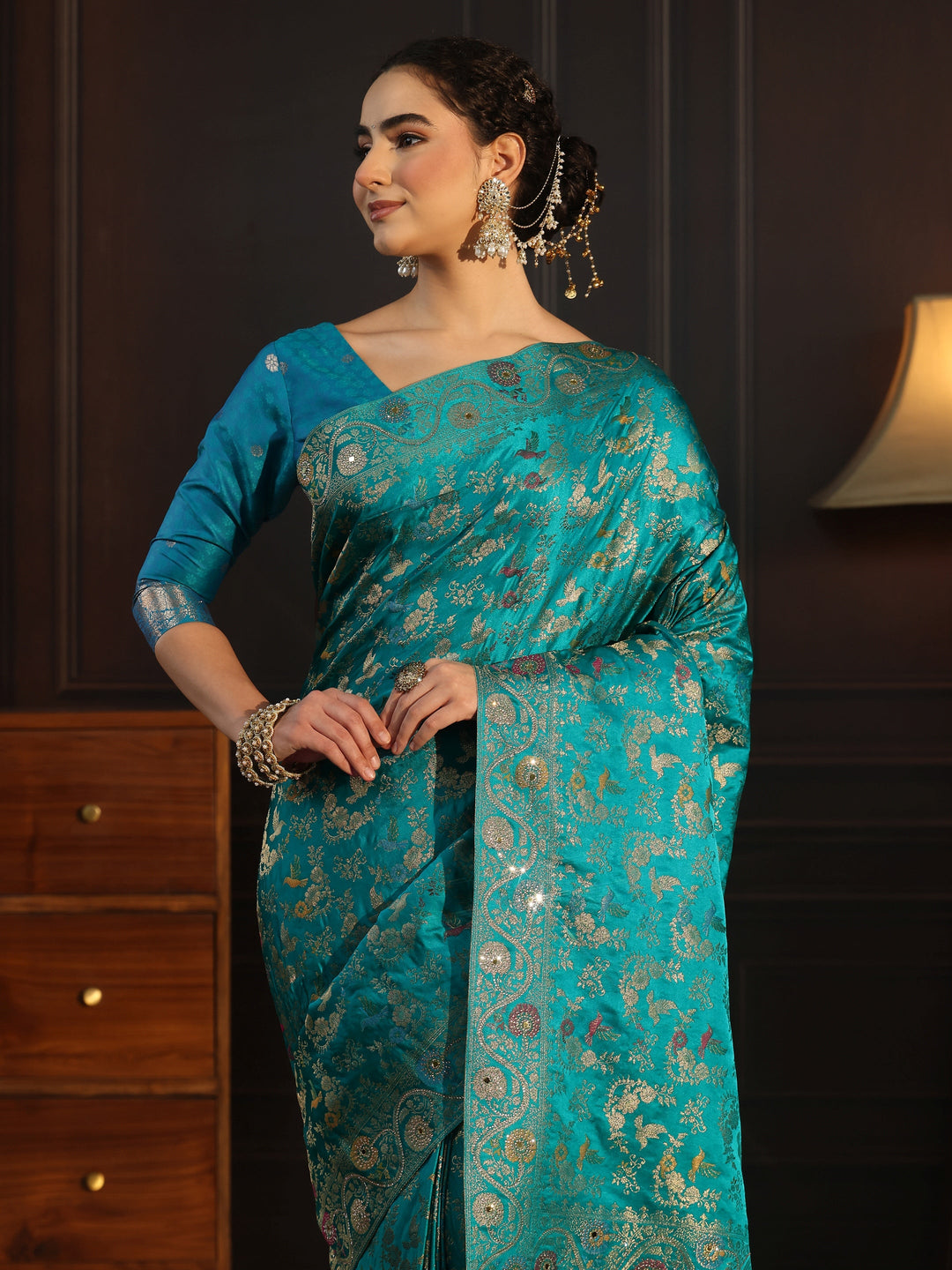  Libas Art Turquoise Blue Floral Woven Design Satin Saree 