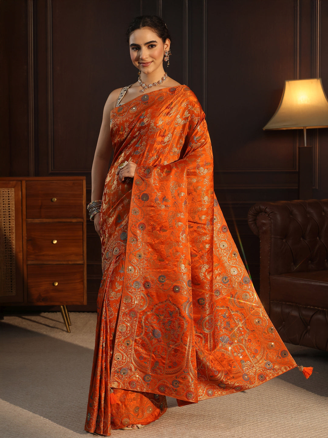  Libas Art Orange Floral Woven Design Satin Saree 