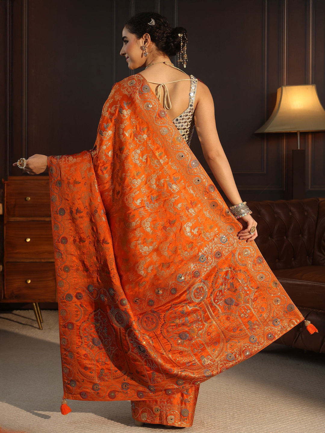  Libas Art Orange Floral Woven Design Satin Saree 