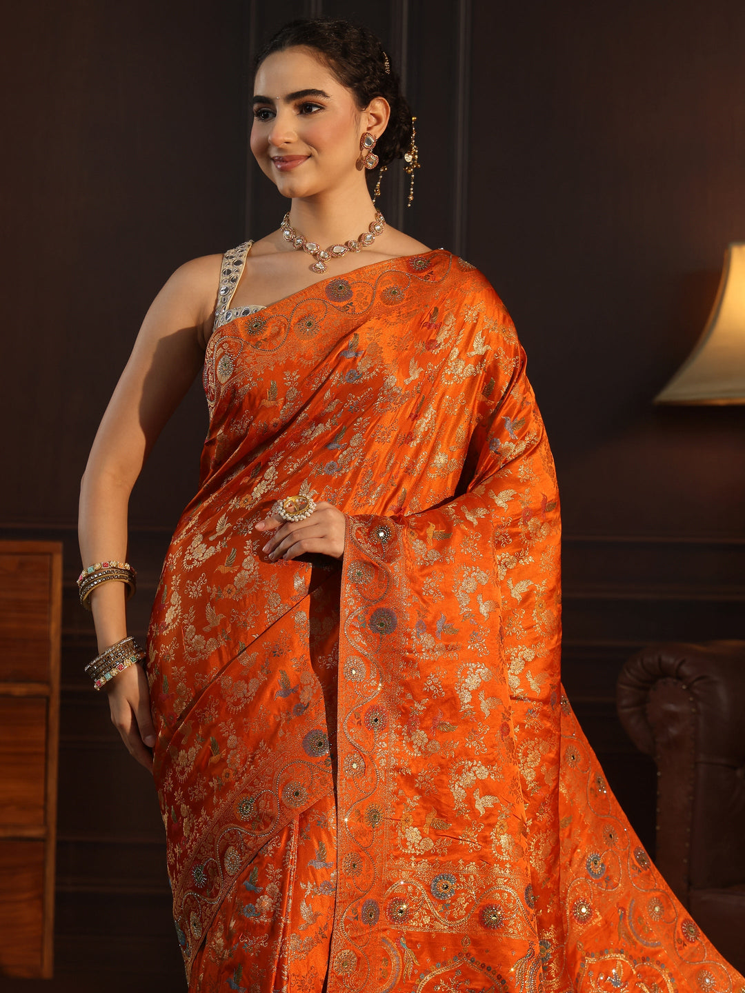  Libas Art Orange Floral Woven Design Satin Saree 