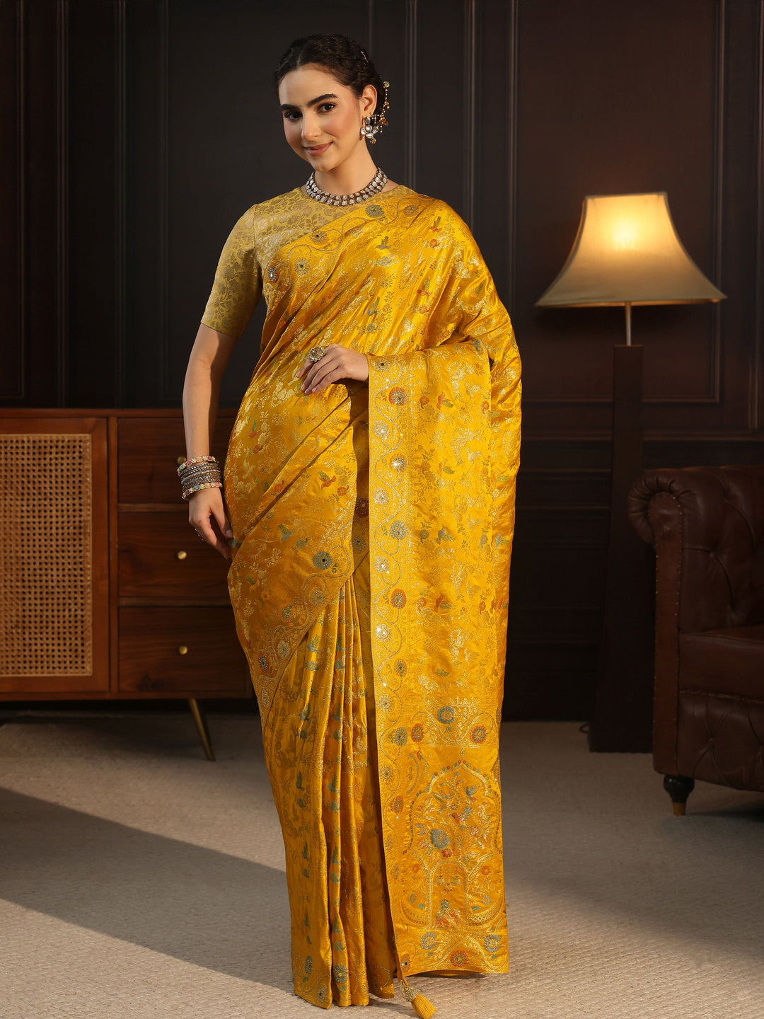  Libas Art Mustard Floral Woven Design Satin Saree 