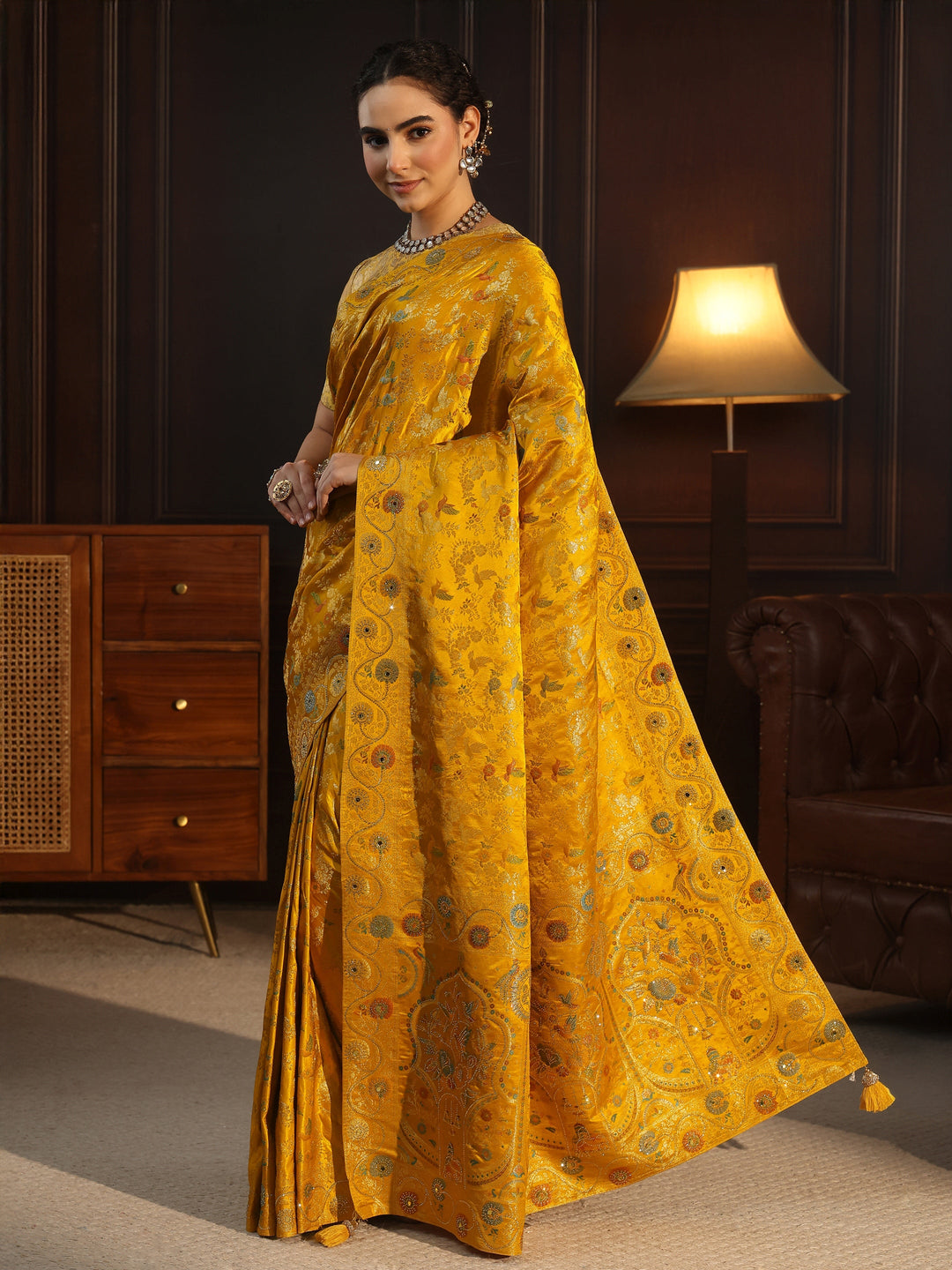  Libas Art Mustard Floral Woven Design Satin Saree 