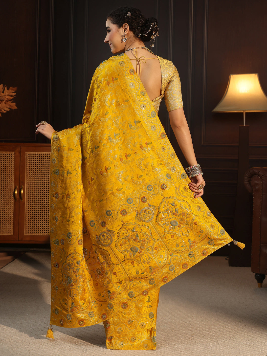  Libas Art Mustard Floral Woven Design Satin Saree 
