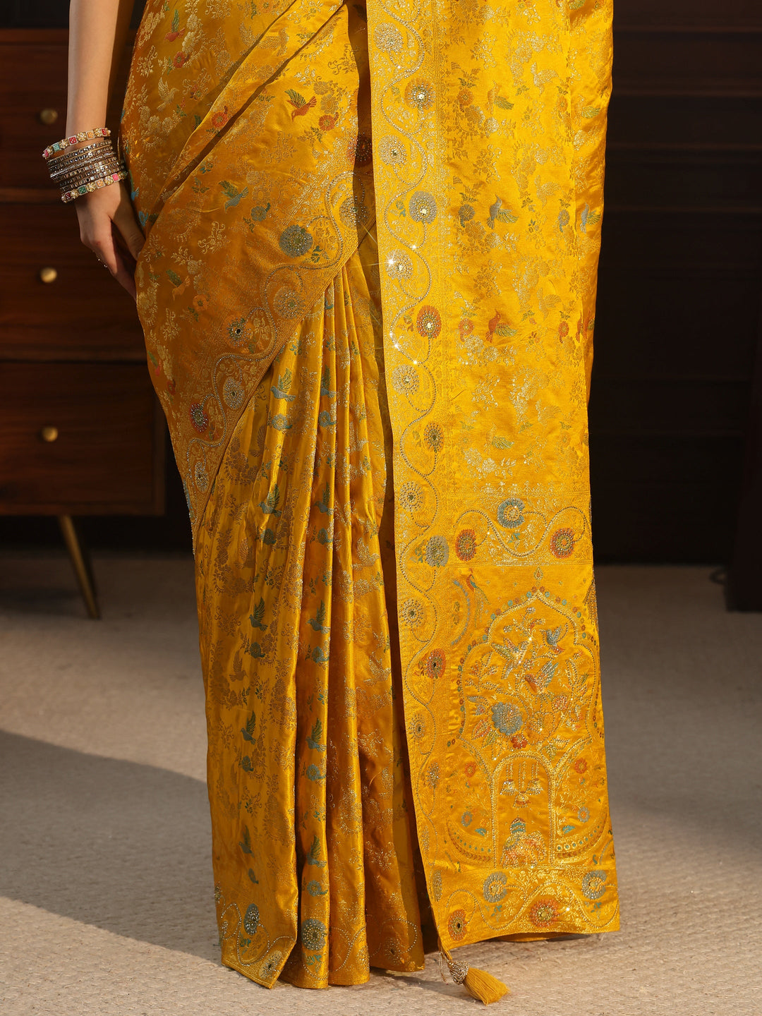  Libas Art Mustard Floral Woven Design Satin Saree 
