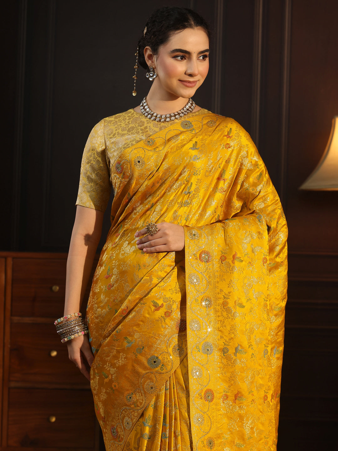  Libas Art Mustard Floral Woven Design Satin Saree 