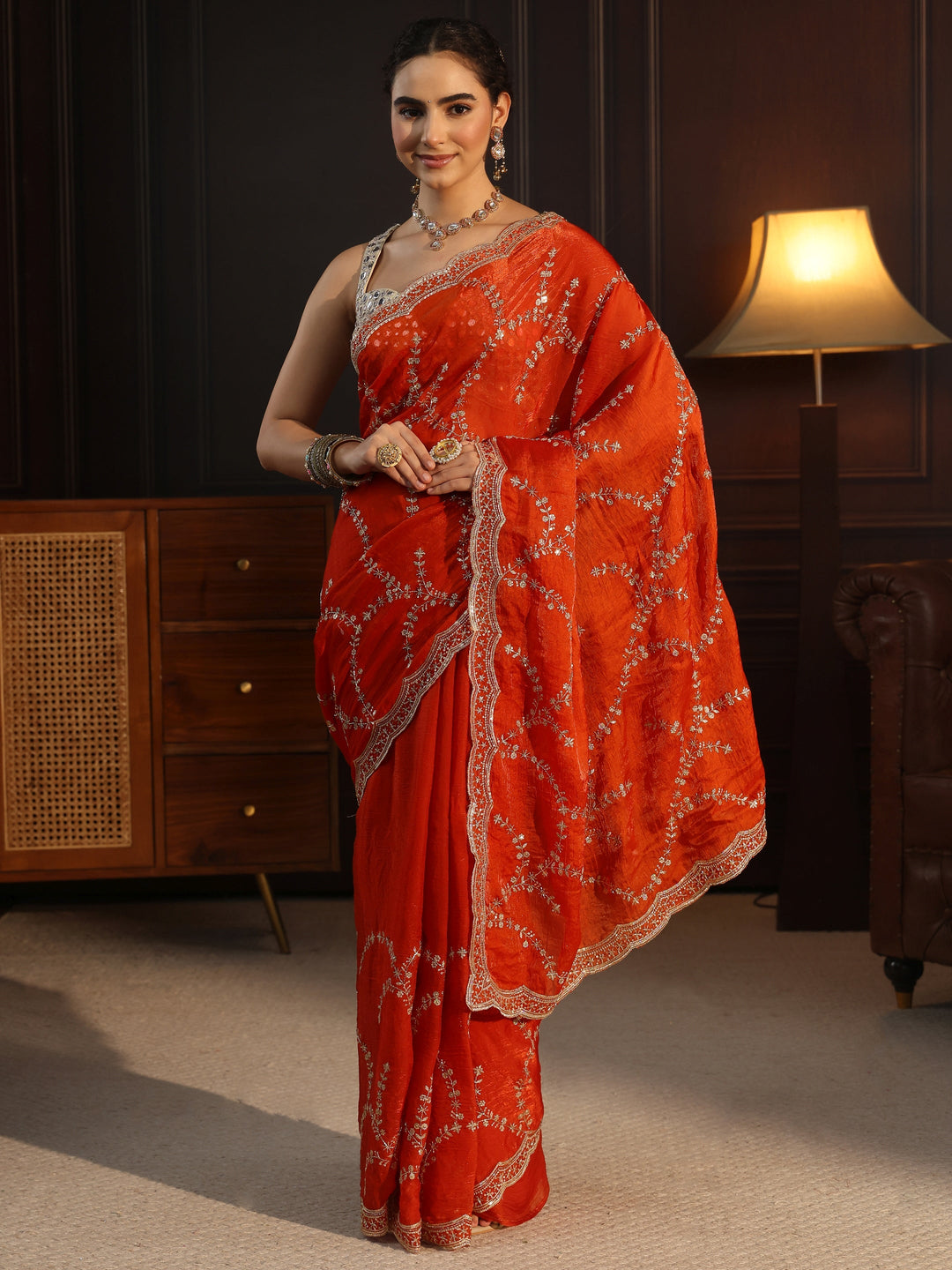  Libas Orange Sequin Embellished Tissue Saree with Scalloped Border 