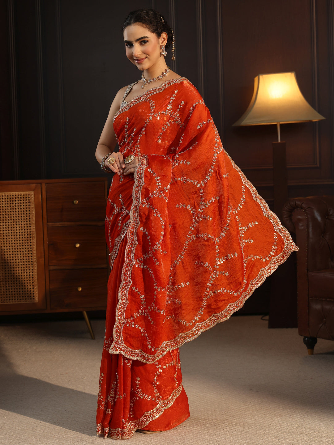  Libas Orange Sequin Embellished Tissue Saree with Scalloped Border 