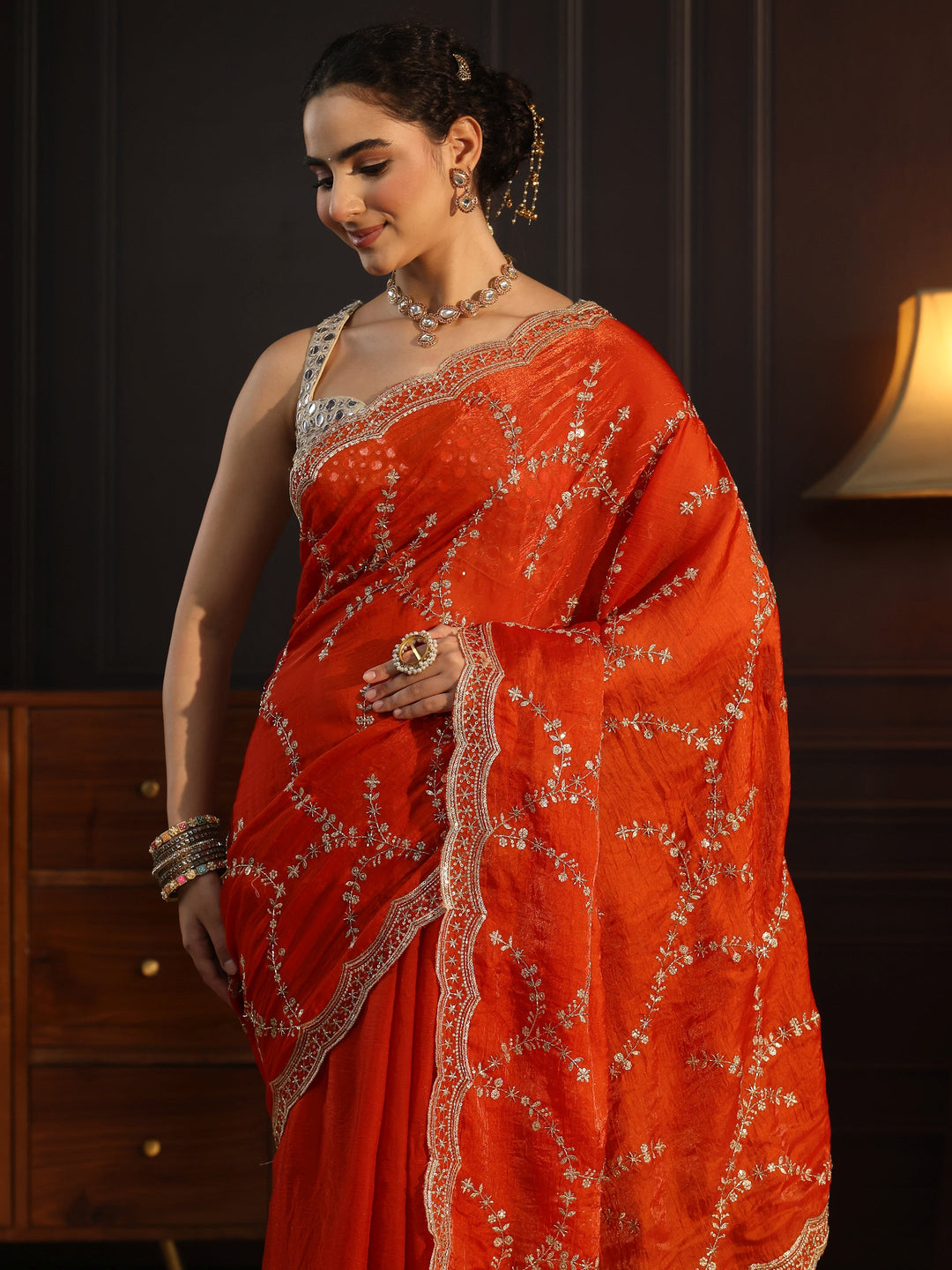  Libas Orange Sequin Embellished Tissue Saree with Scalloped Border 