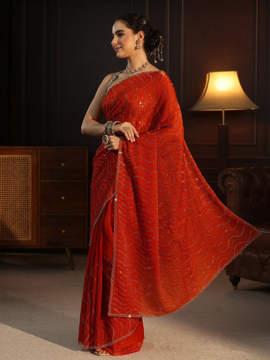  Libas Burnt Orange Embellished Tissue Saree 