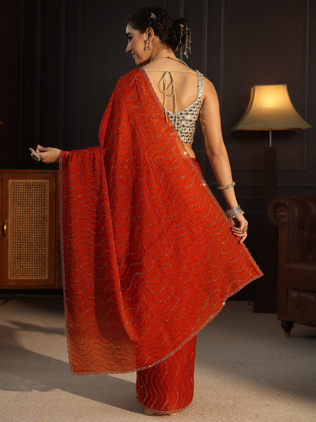  Libas Burnt Orange Embellished Tissue Saree 