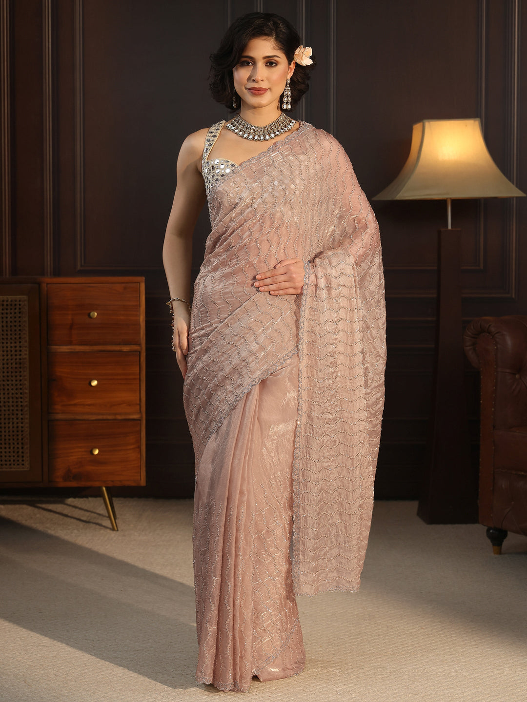  Libas Taupe Embellished Tissue Saree 