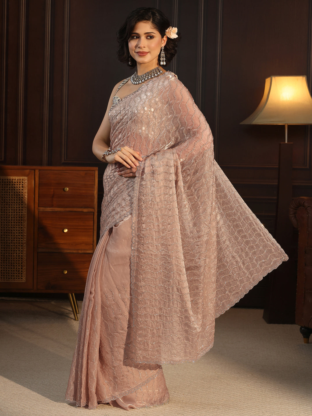  Libas Taupe Embellished Tissue Saree 