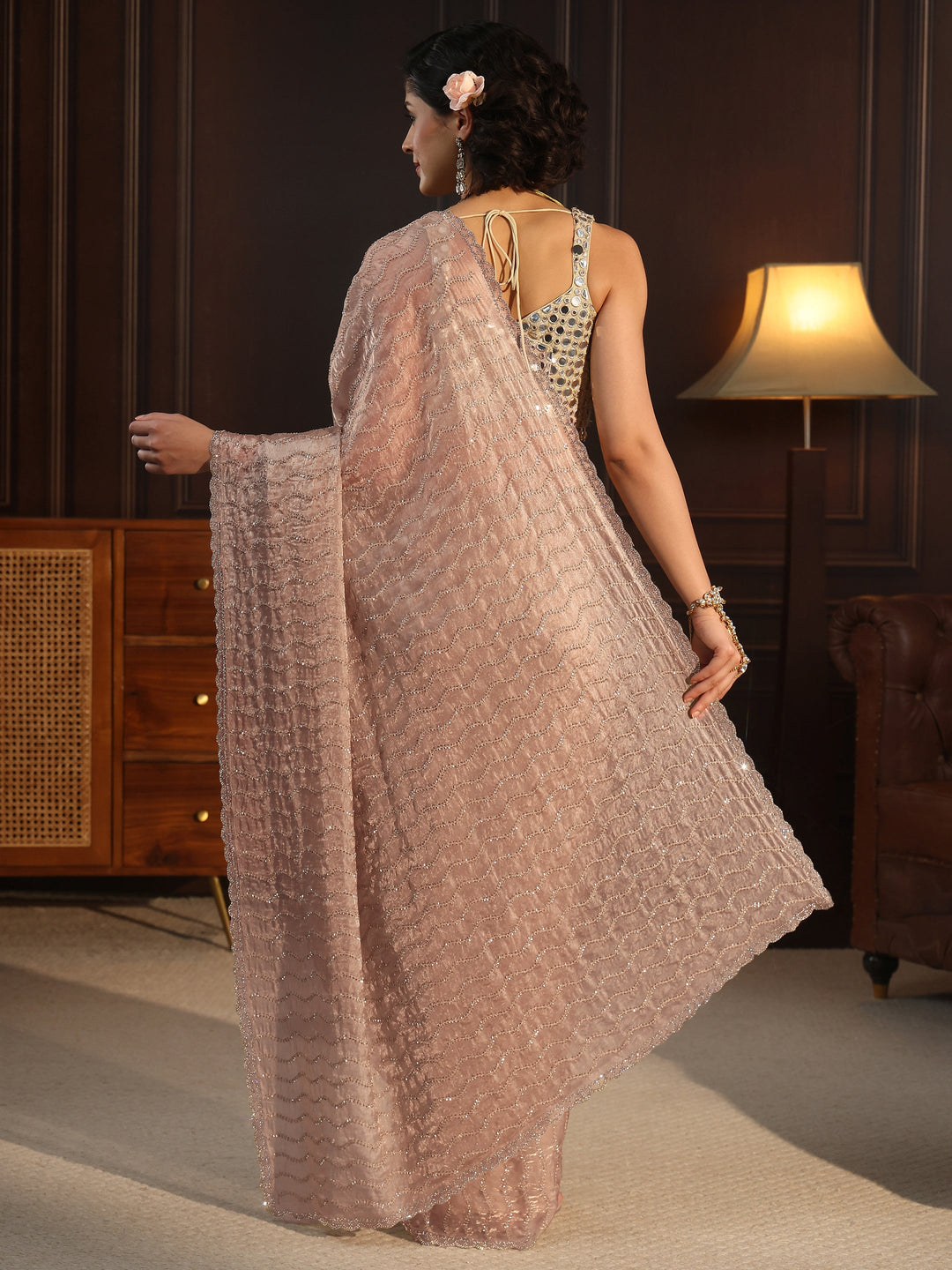  Libas Taupe Embellished Tissue Saree 
