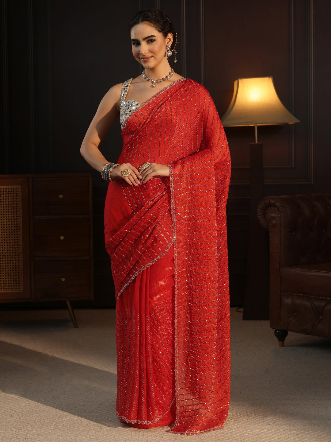  Libas Burnt Orange Embellished Tissue Saree 