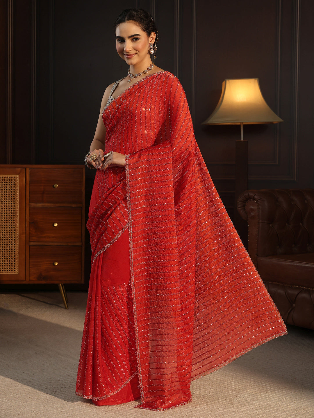  Libas Burnt Orange Embellished Tissue Saree 