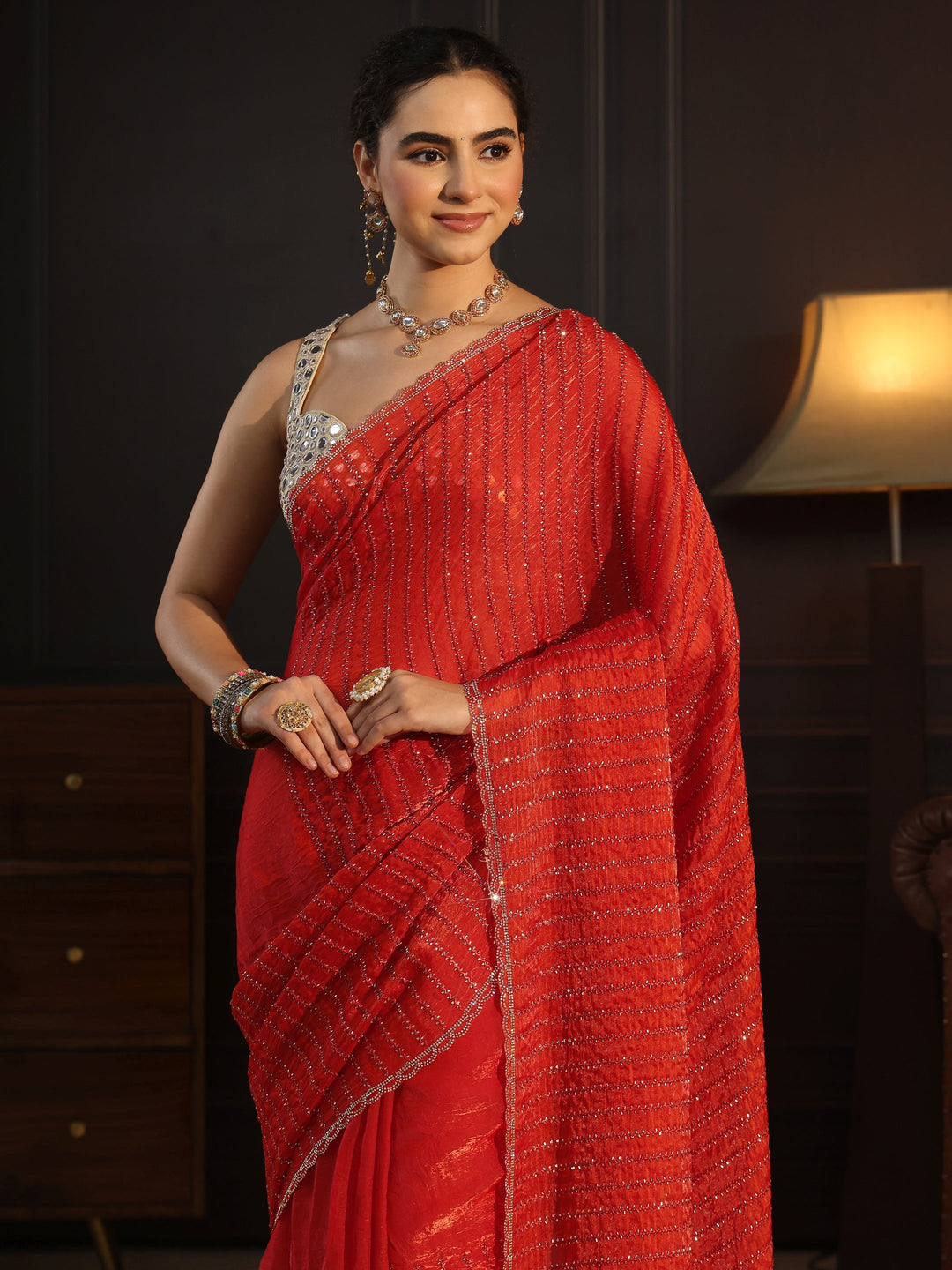  Libas Burnt Orange Embellished Tissue Saree 