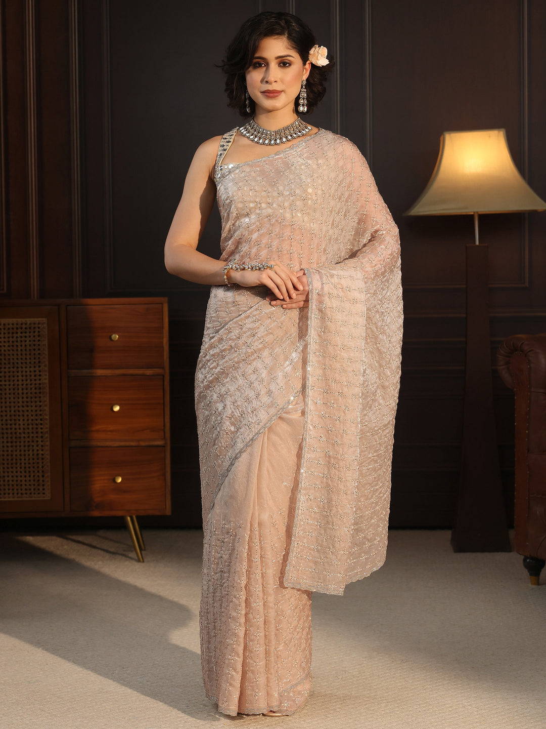  Libas Taupe Embellished Tissue Saree 