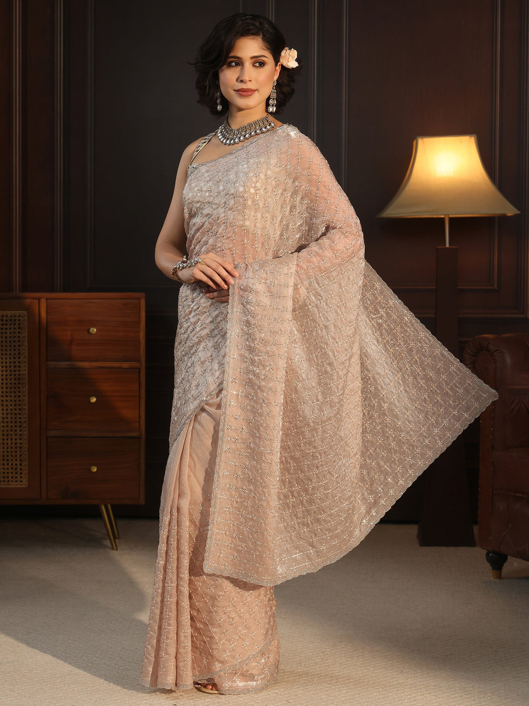  Libas Taupe Embellished Tissue Saree 