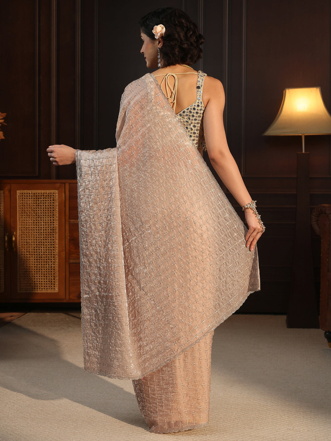  Libas Taupe Embellished Tissue Saree 