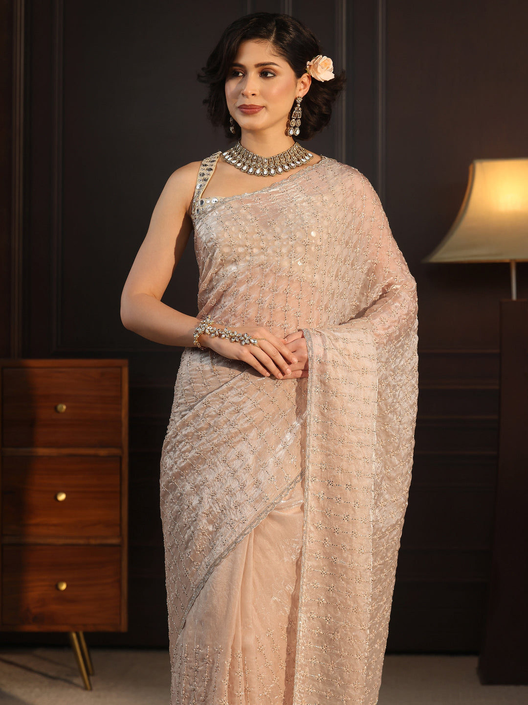  Libas Taupe Embellished Tissue Saree 