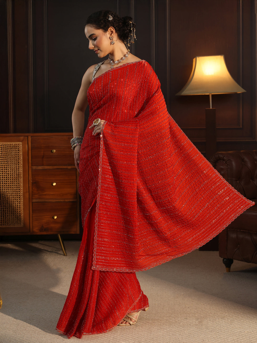  Libas Burnt Orange Embellished Tissue Saree 
