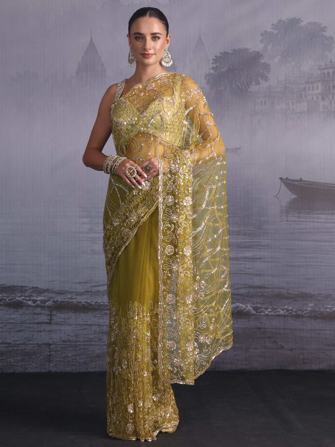  Libas Art Henna Green Sequin Embellished Net Saree 
