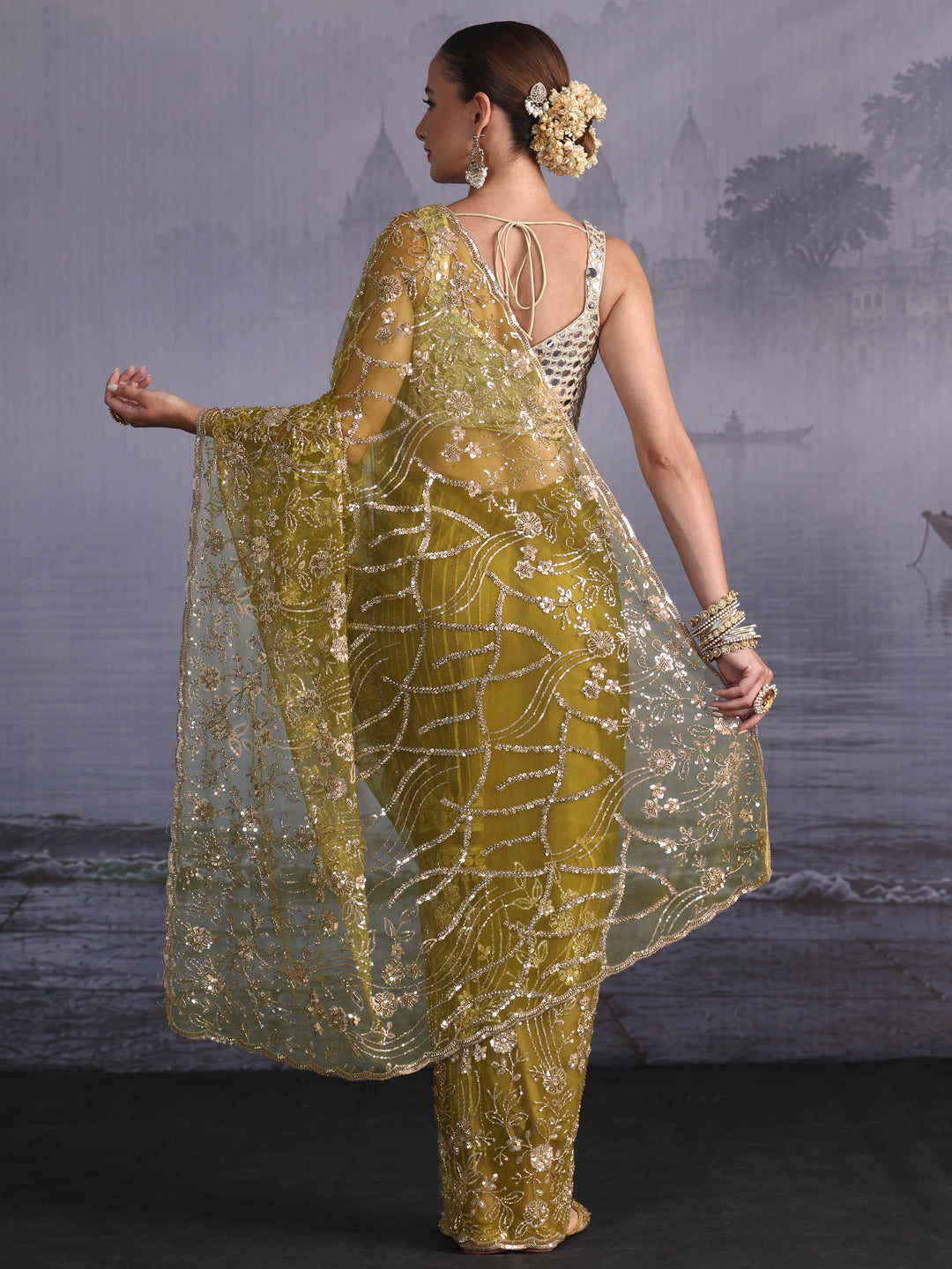  Libas Art Henna Green Sequin Embellished Net Saree 