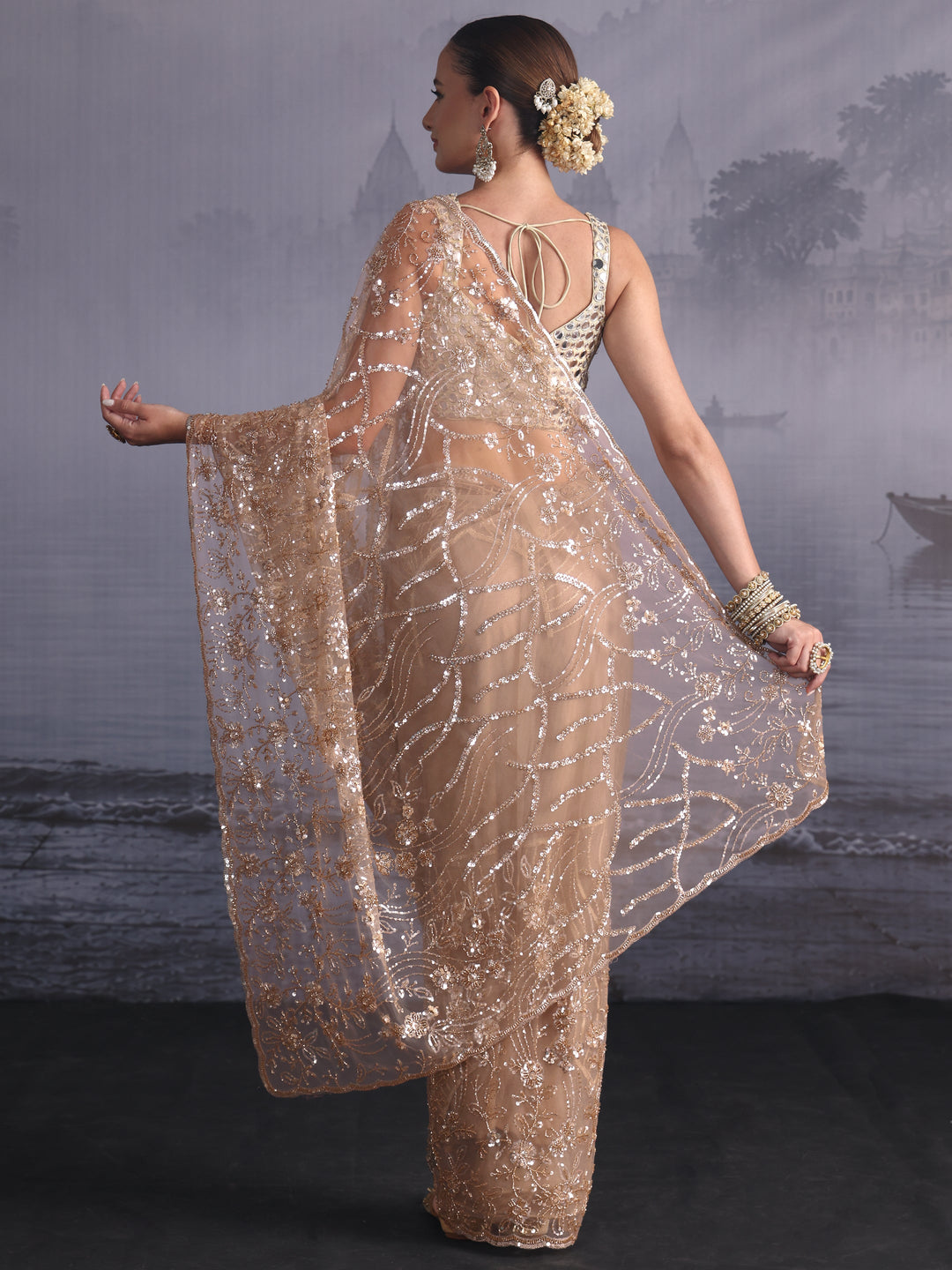  Libas Art Taupe Sequin Embellished Net Saree 