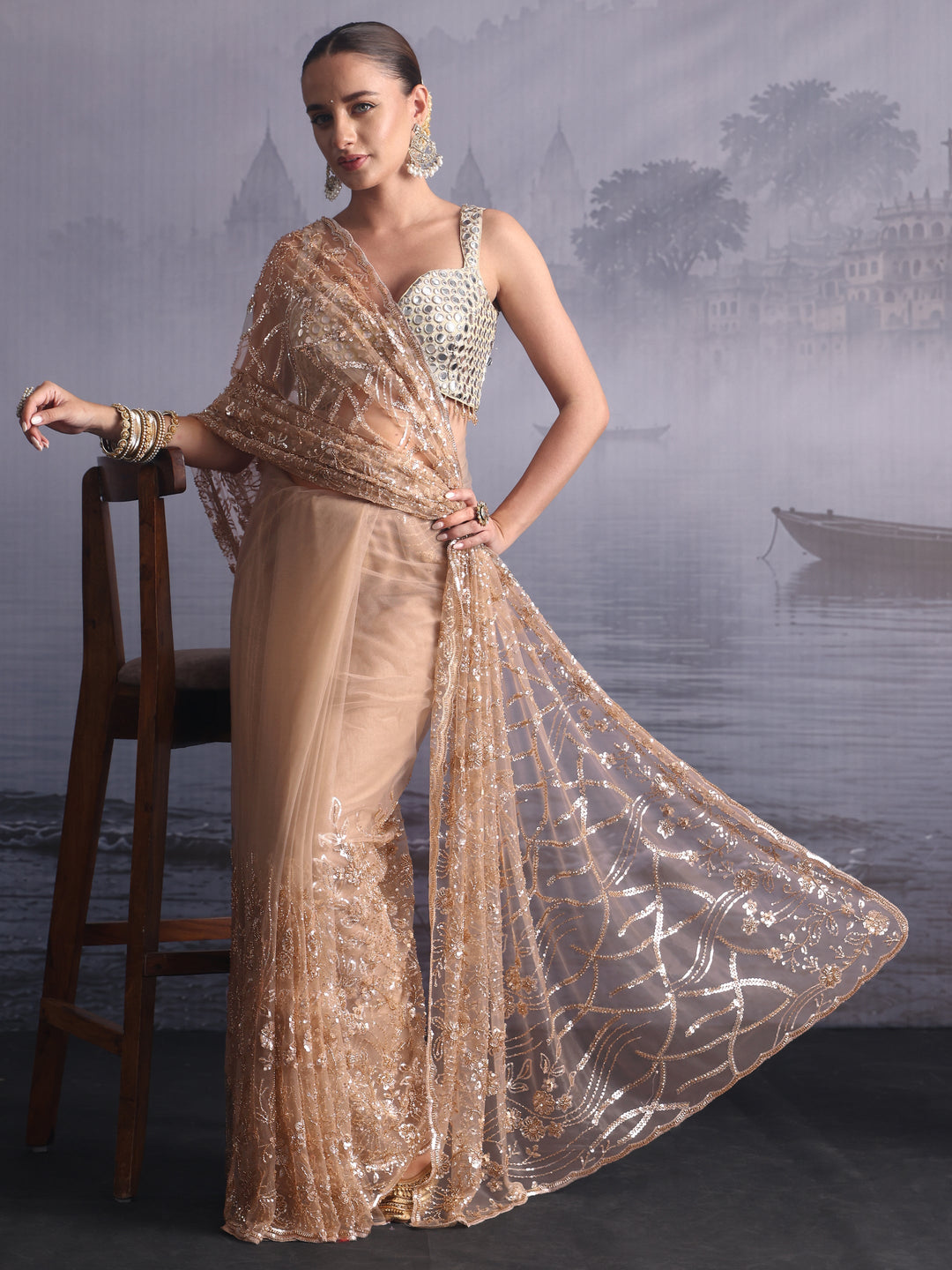  Libas Art Taupe Sequin Embellished Net Saree 