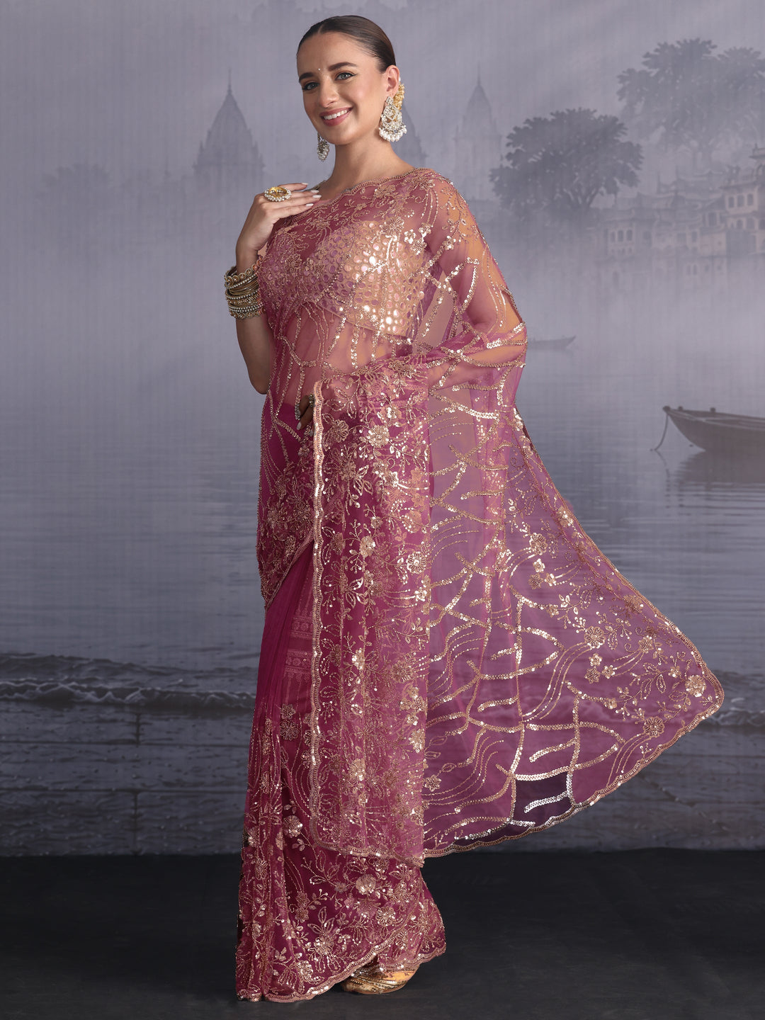  Libas Art Lavender Sequin Embellished Net Saree 
