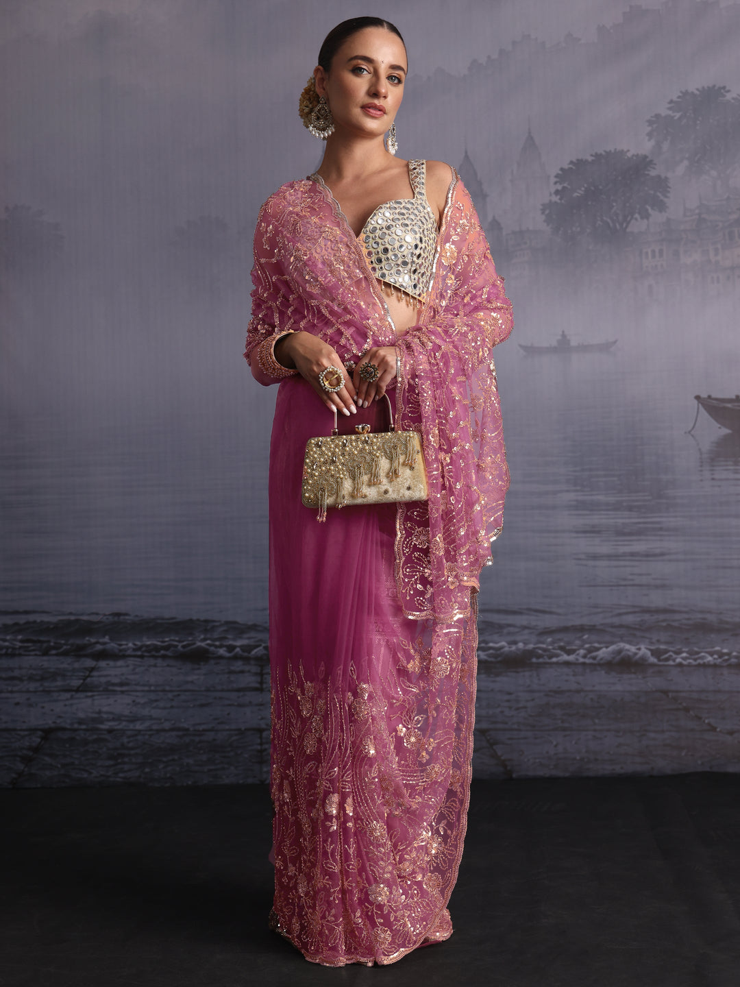  Libas Art Lavender Sequin Embellished Net Saree 