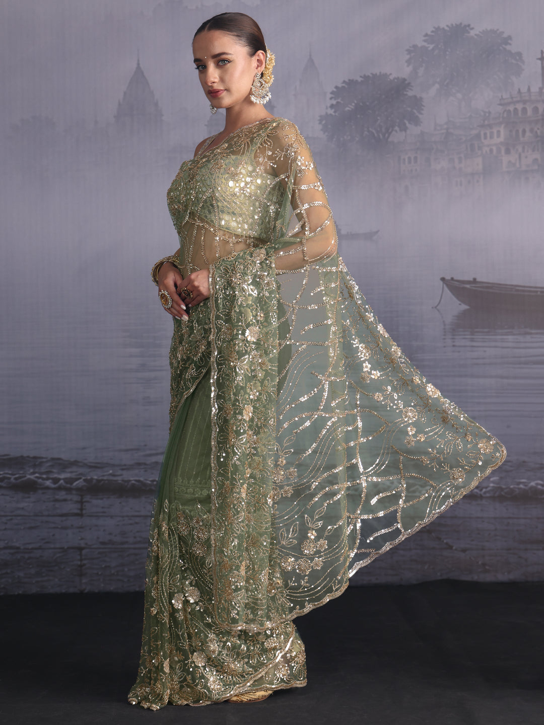  Libas Art Sage Green Sequin Embellished Net Saree 