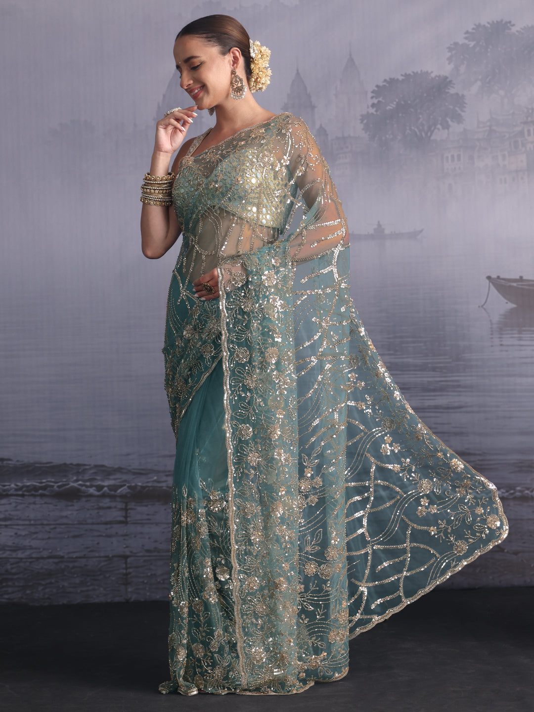  Libas Art Dusty Blue Sequin Embellished Net Saree 