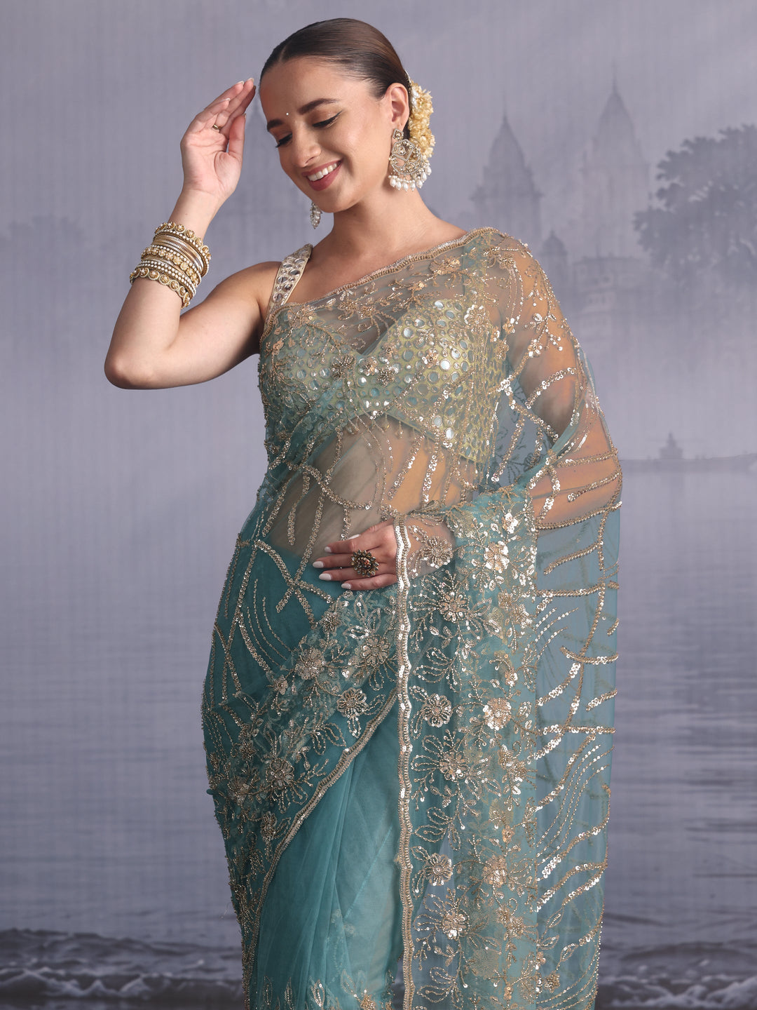  Libas Art Dusty Blue Sequin Embellished Net Saree 