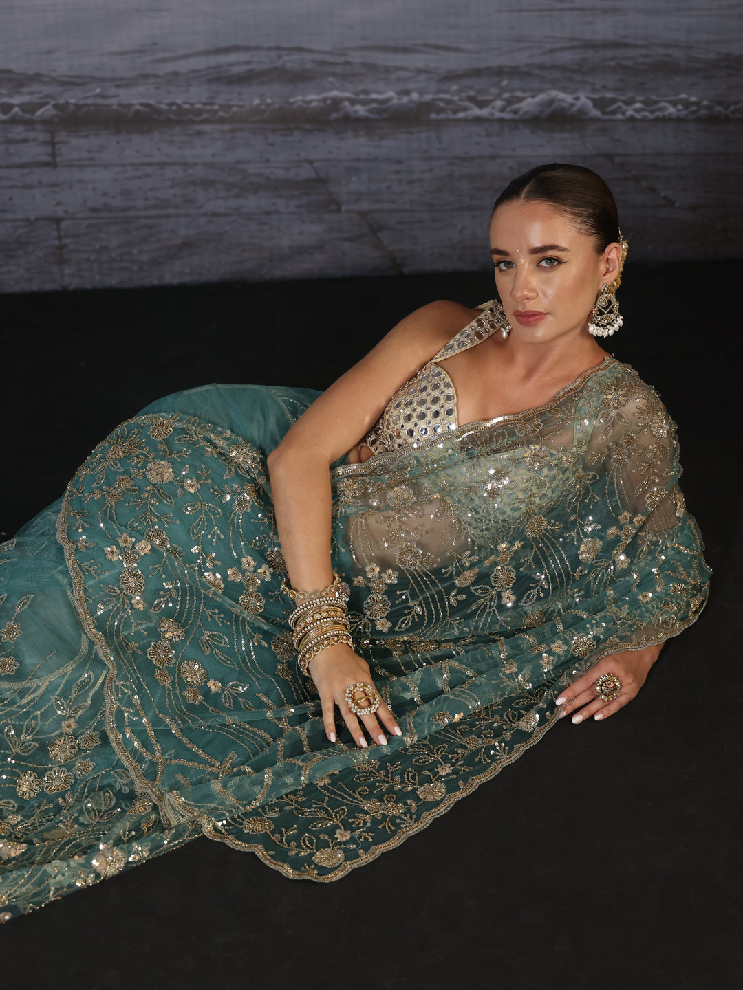  Libas Art Dusty Blue Sequin Embellished Net Saree 