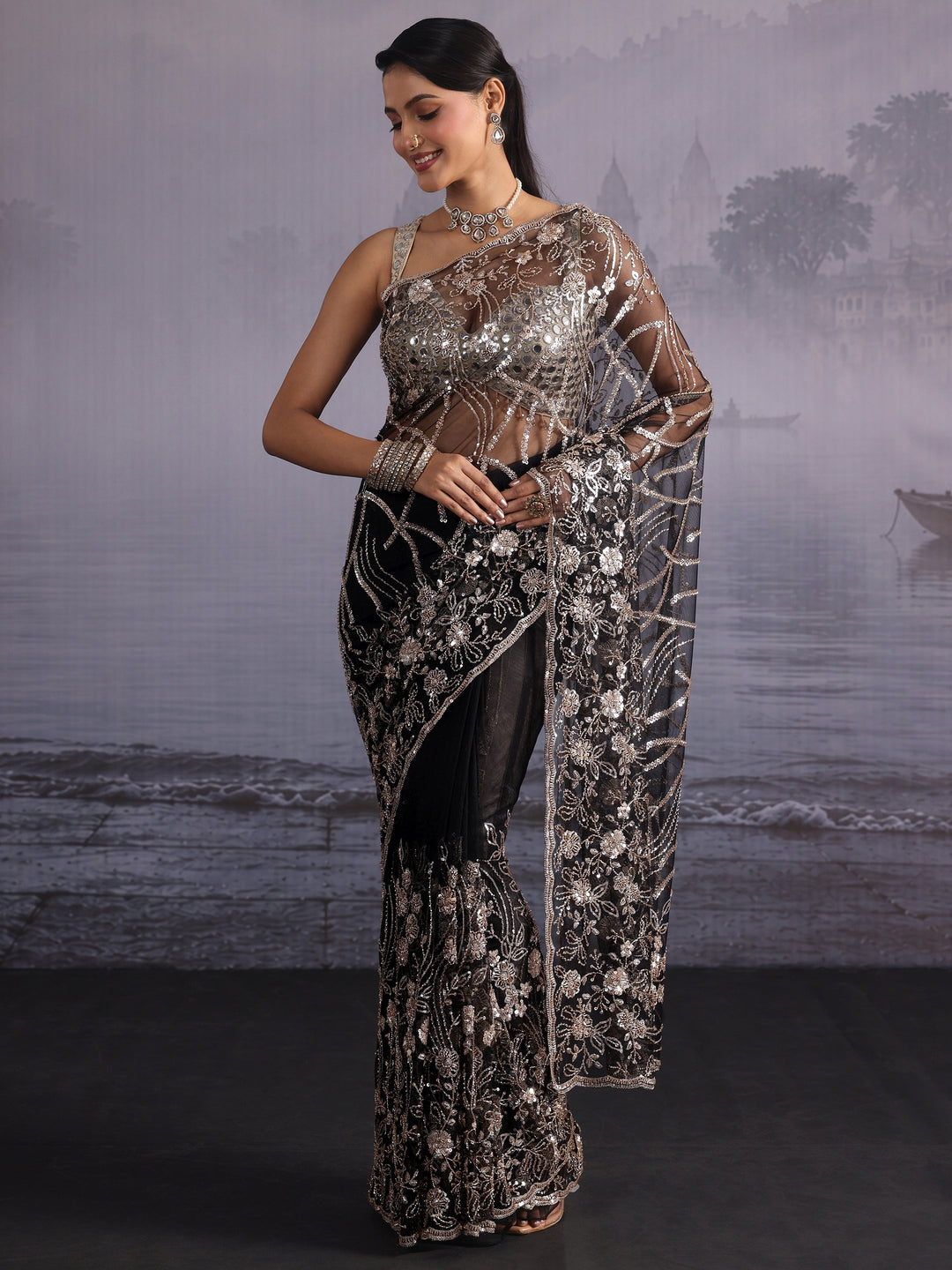  Libas Art Black Floral Beads and Sequin Embellished Net Saree 