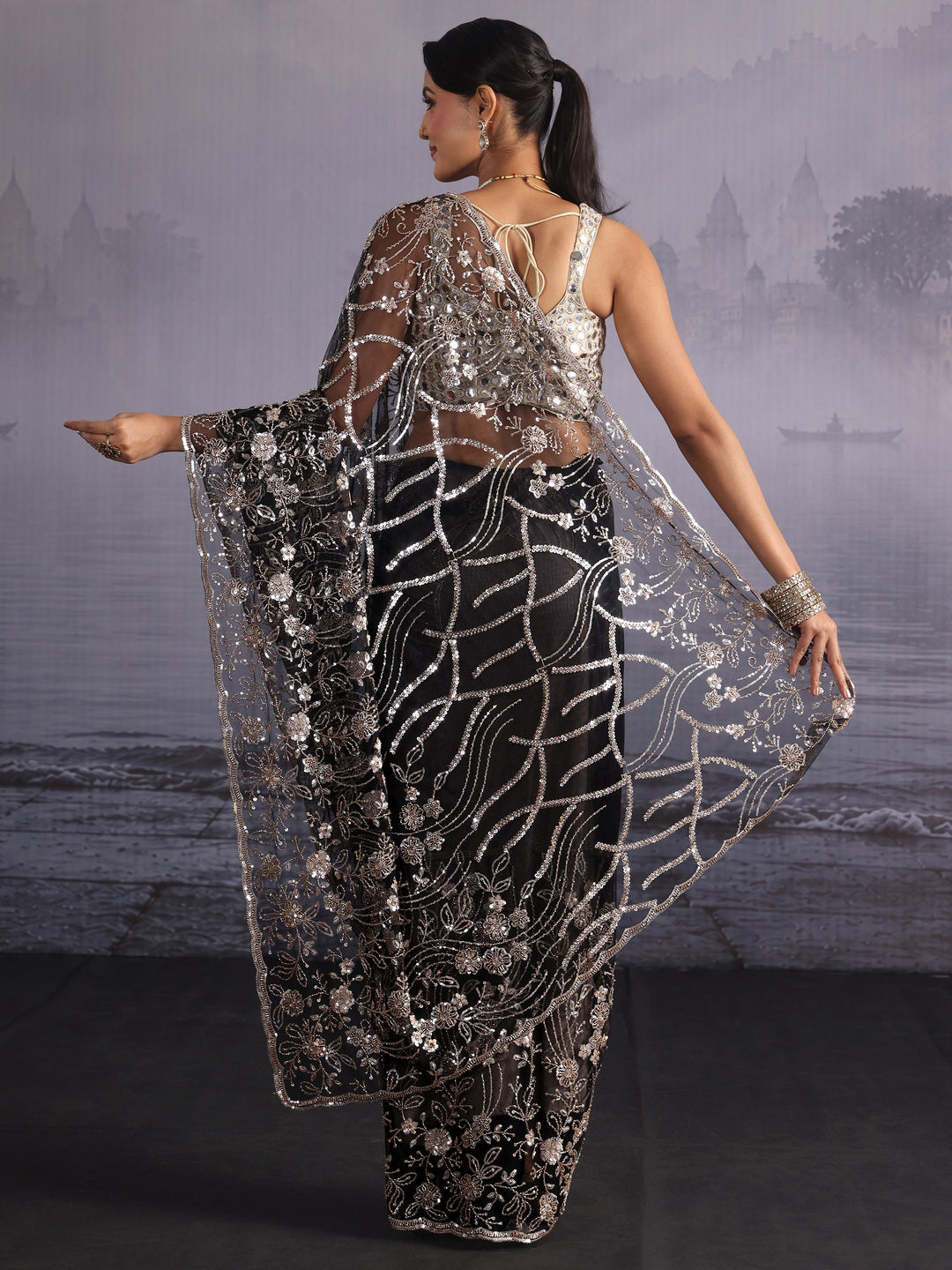  Libas Art Black Floral Beads and Sequin Embellished Net Saree 