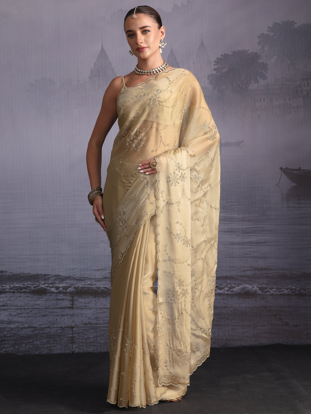  Libas Taupe Stone Work Embellished Tissue Saree with Scalloped Border 