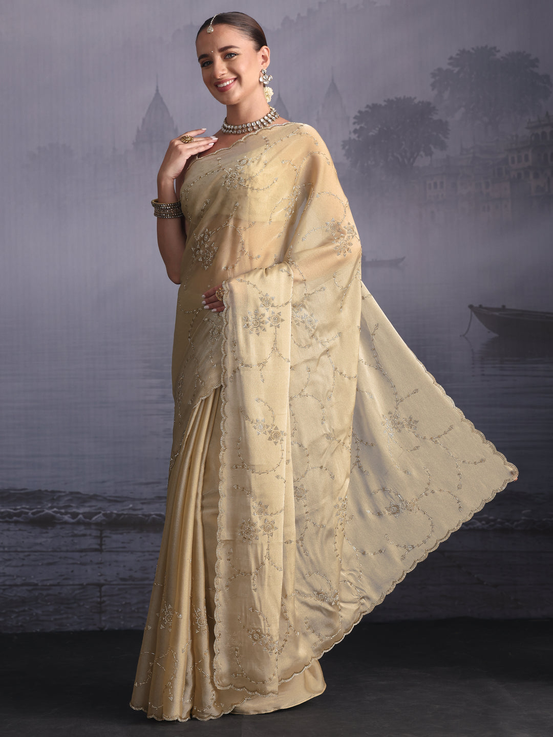  Libas Taupe Stone Work Embellished Tissue Saree with Scalloped Border 
