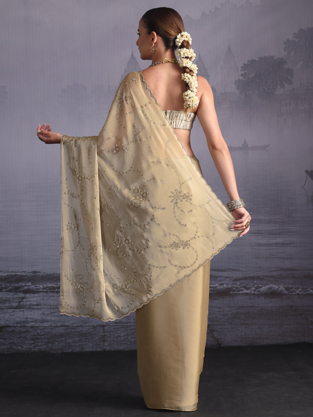  Libas Taupe Stone Work Embellished Tissue Saree with Scalloped Border 