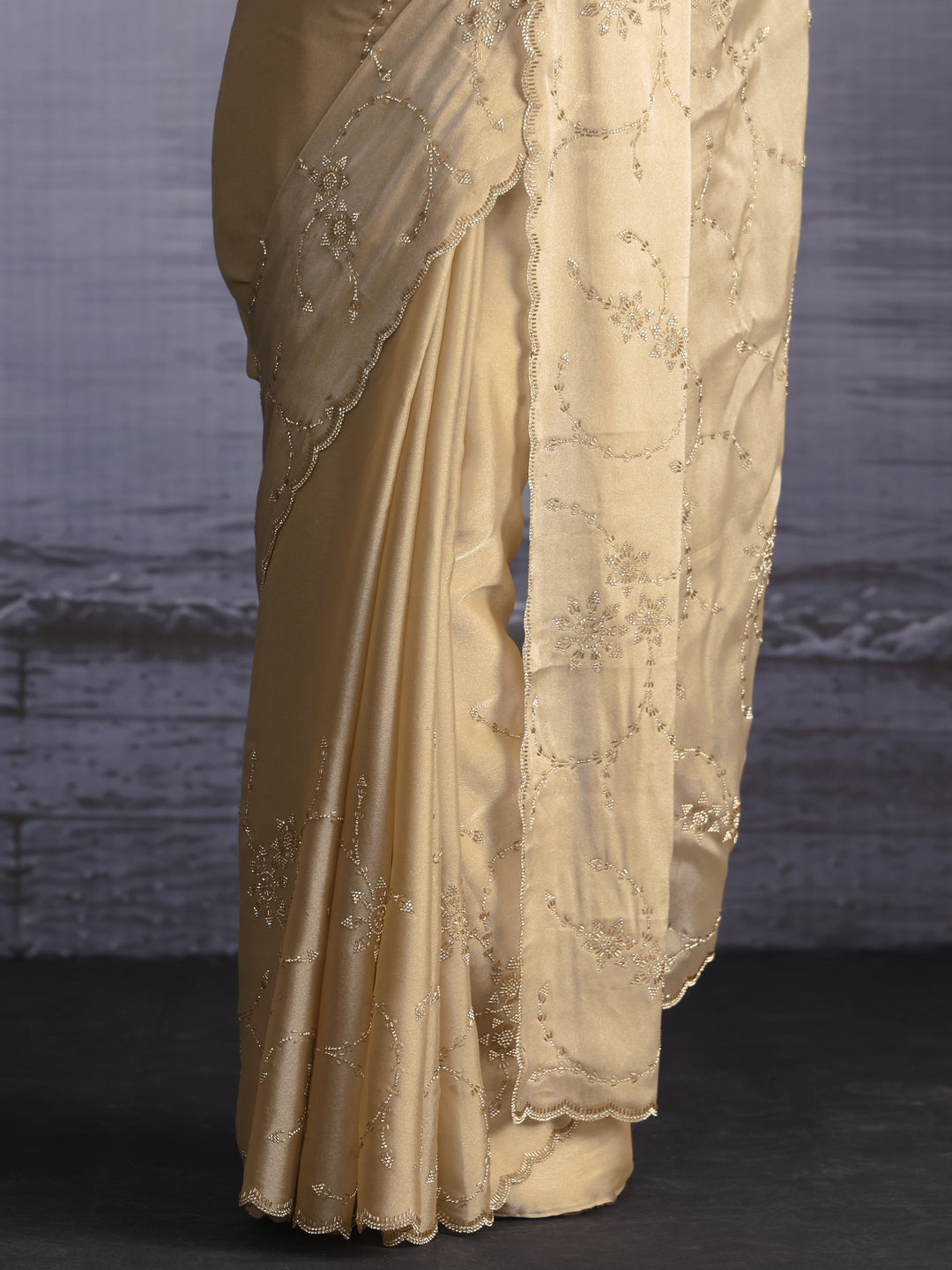  Libas Taupe Stone Work Embellished Tissue Saree with Scalloped Border 