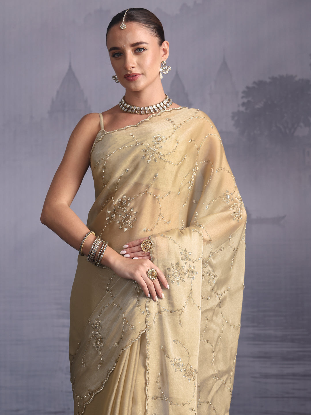  Libas Taupe Stone Work Embellished Tissue Saree with Scalloped Border 