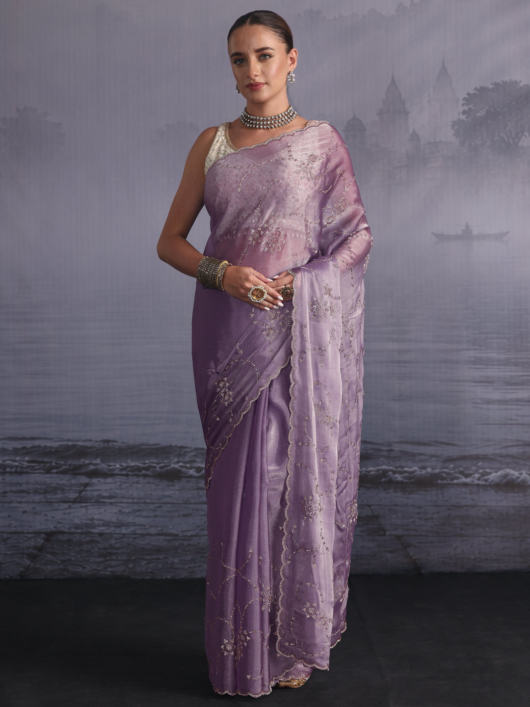  Libas Lilac Stone Work Embellished Tissue Saree with Scalloped Border 