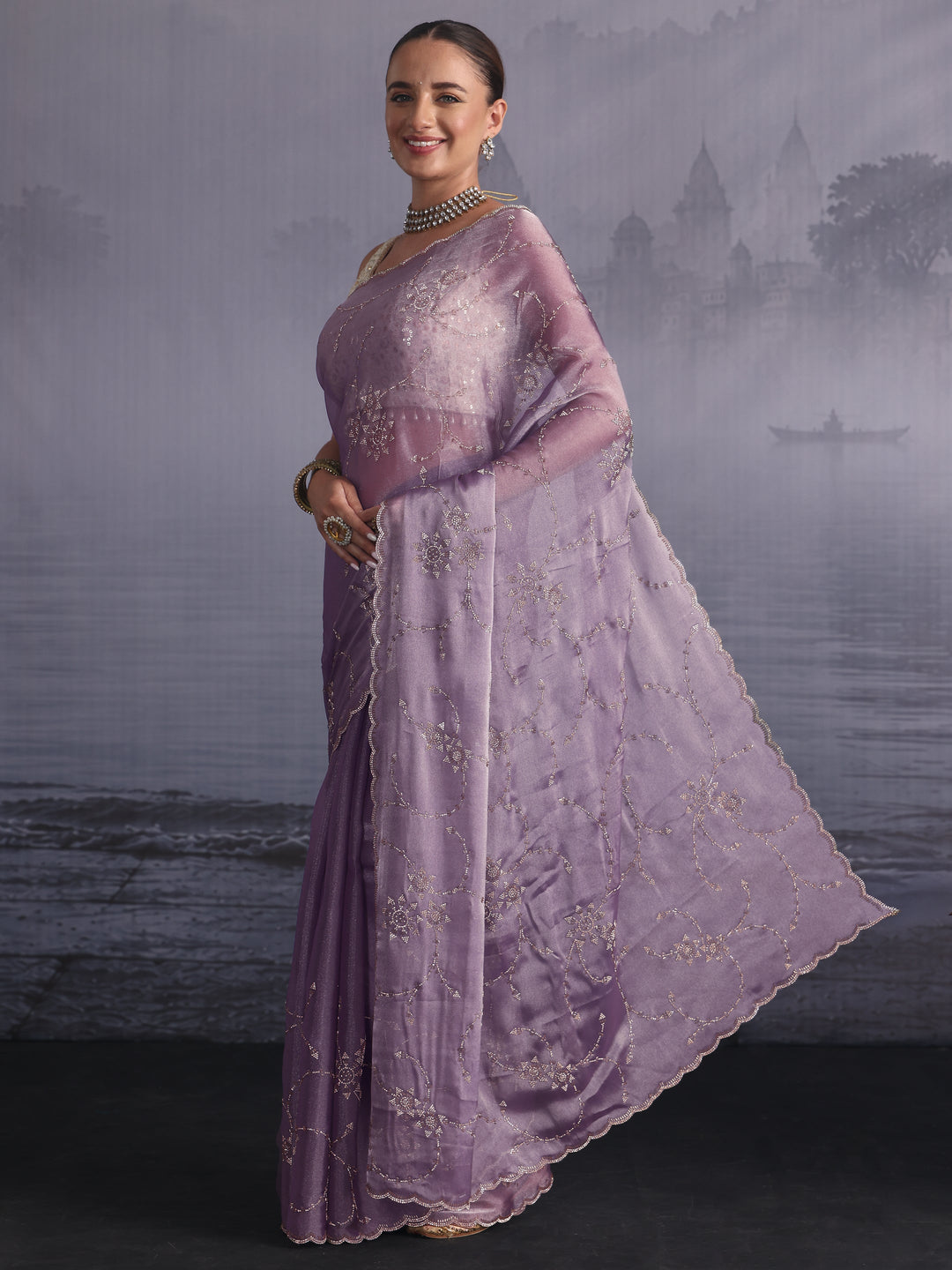  Libas Lilac Stone Work Embellished Tissue Saree with Scalloped Border 