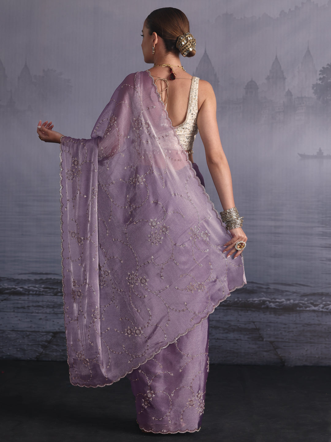  Libas Lilac Stone Work Embellished Tissue Saree with Scalloped Border 