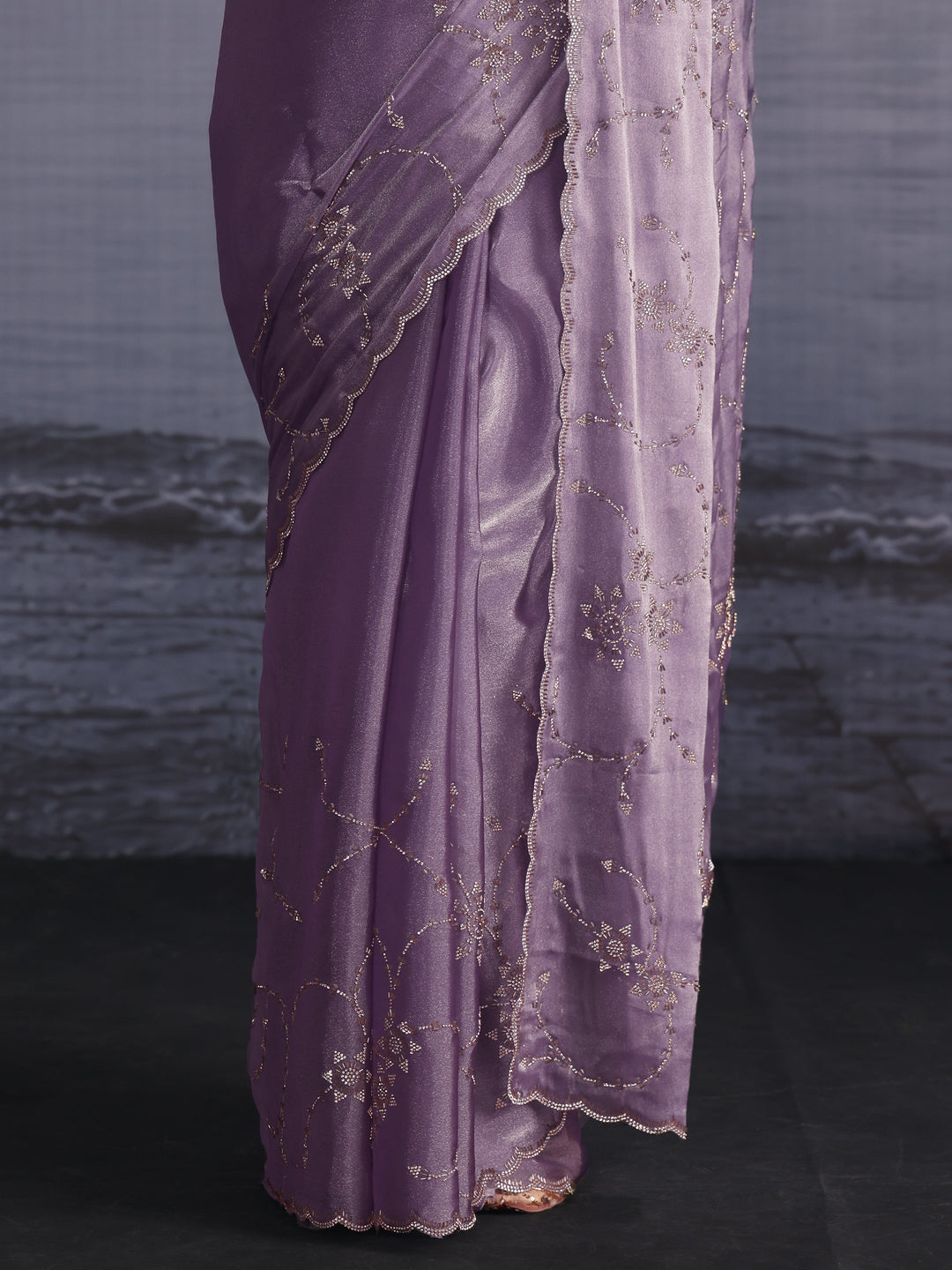  Libas Lilac Stone Work Embellished Tissue Saree with Scalloped Border 