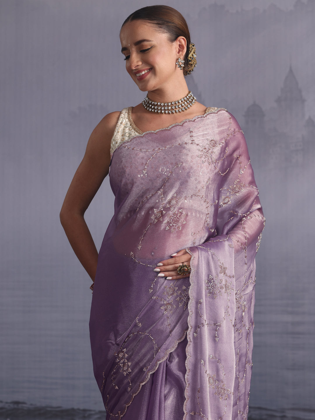  Libas Lilac Stone Work Embellished Tissue Saree with Scalloped Border 