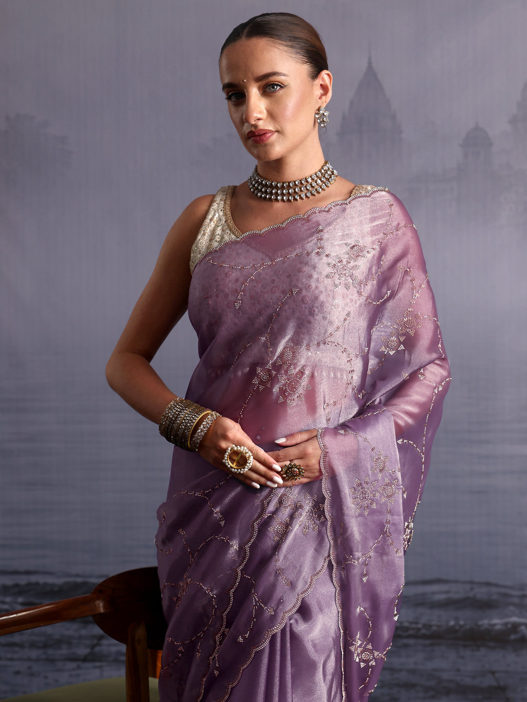  Libas Lilac Stone Work Embellished Tissue Saree with Scalloped Border 